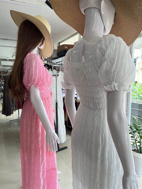 Puff Sleeves Ruched Long Maxi Dresses